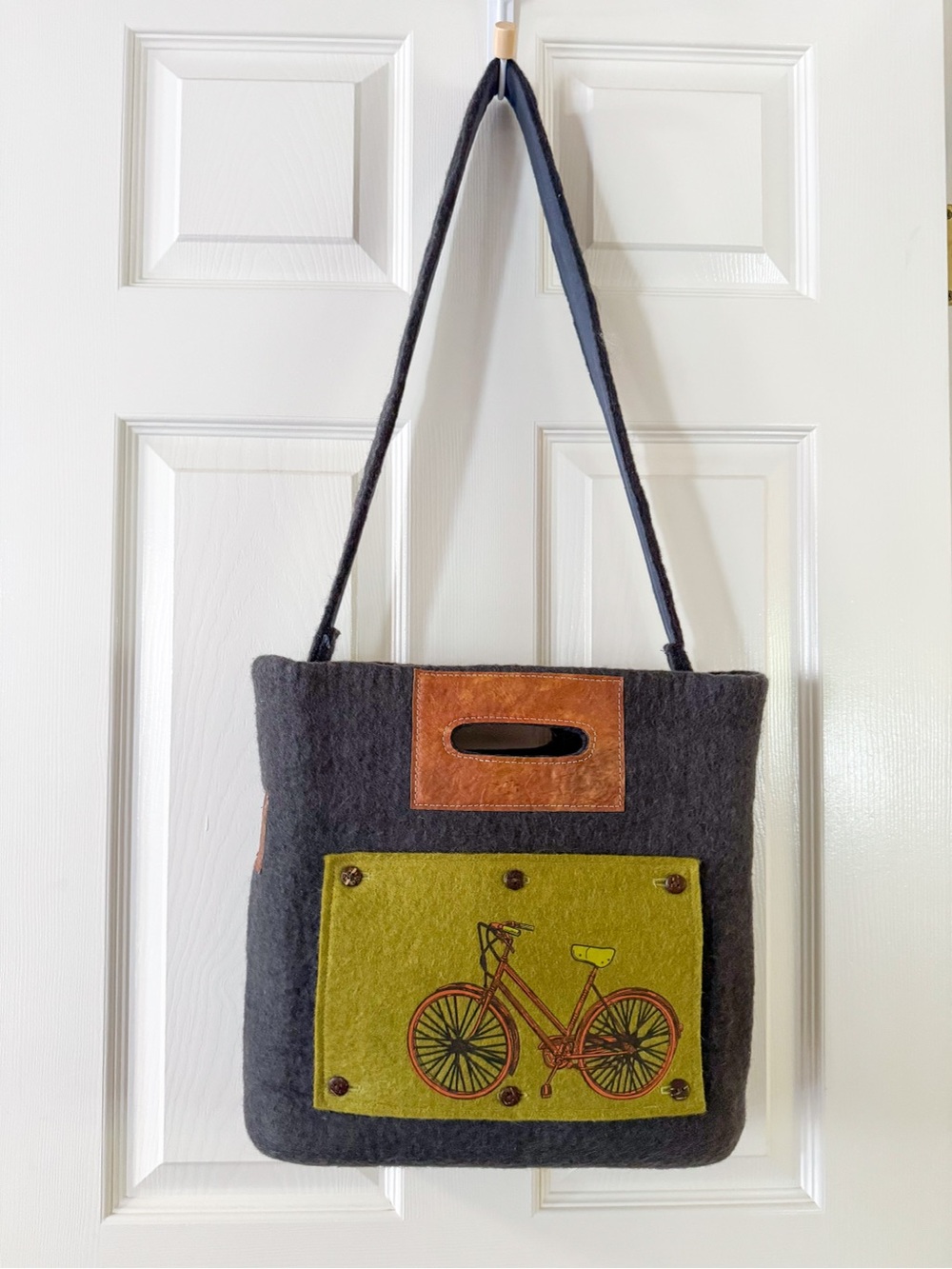 Handmade Artisan Felt Tote Bag Charcoal Gray Olive Green Bicycle Graphic Chic